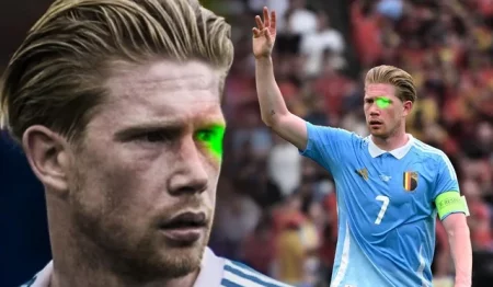 De Bruyne bị CĐV Ukraine chiếu tia laser vào mặt khi đá phạt https static 1 e1719447910154